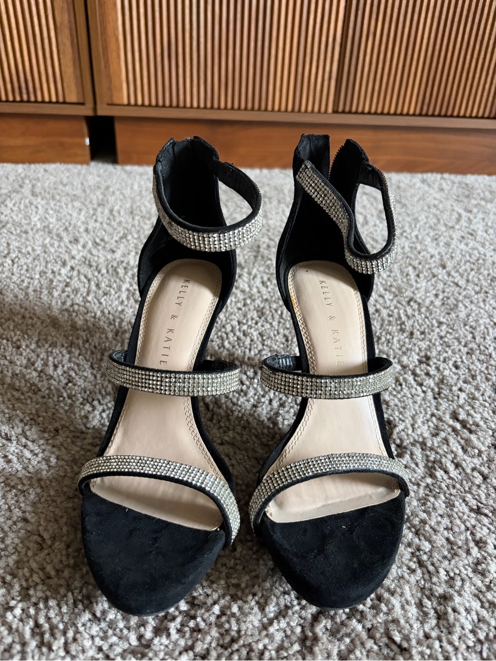 Kelly & Katie Black Heeled Sandals with Silver Rhinestone Straps